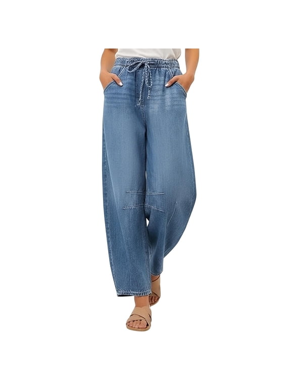 Straight Leg Jeans for Women Trendy High Waisted Loose Wide Leg Pull On Elastic Waist Stretchy Denim Pants Drawstring Jeans with Pockets