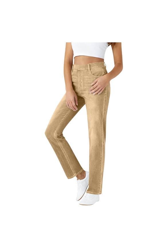 Stretchy Jeans for Women High Waist Jeggings Pull On Pants with Pockets Trendy Casual Solid Straight Leg Jeans Elastic Waist Denim Pants