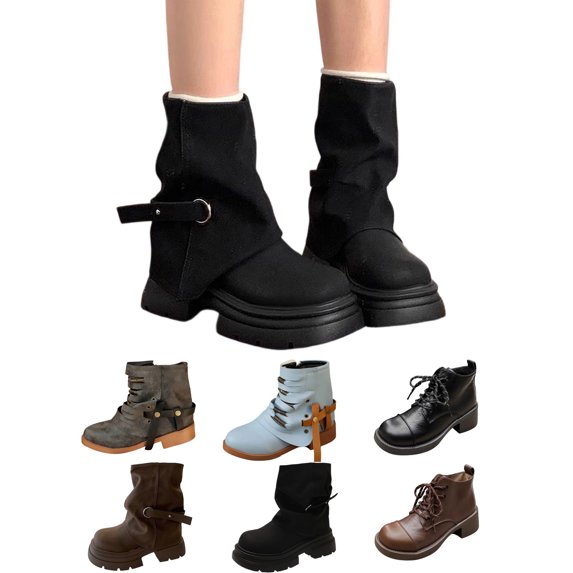 Gealkoca Women Slouchy Mid Calf Boots Casual Round Toe Pull On Boots Fold Over Chunky Low Heel Boot Buckle Decoration Comfortable Boots