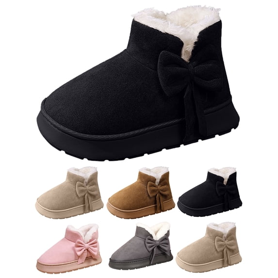 Gealkoca Women Warm Winter Snow Shoes with Fleece Lining and Cute Bow Women’s Ankle Boots Solid Color Casual Slip-On Comfortable Thick-Soled Boots