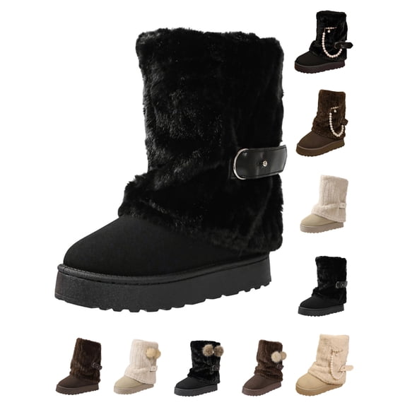 Gealkoca Women Winter Boots Fur Lined Fashion Mid Calf Boots for Women Warm Fuzzy Boots Comfortable Womens Snow Boots Pull On Thick-Soled Boots