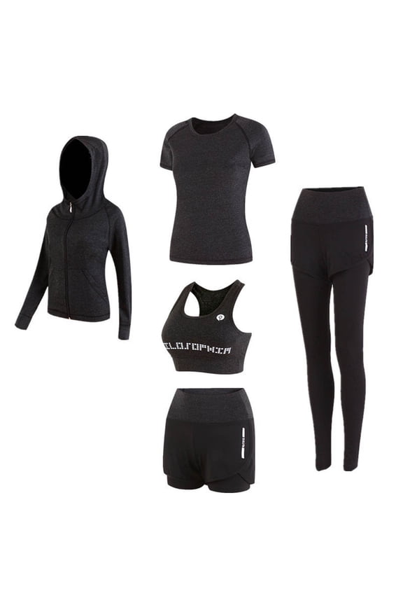 Women Workout Clothes Set 5 PCS Exercise Athletic Outfits Set Sports High Waisted Gym Yoga Leggings Zip Up Jacket Women Summer Yoga Clothes