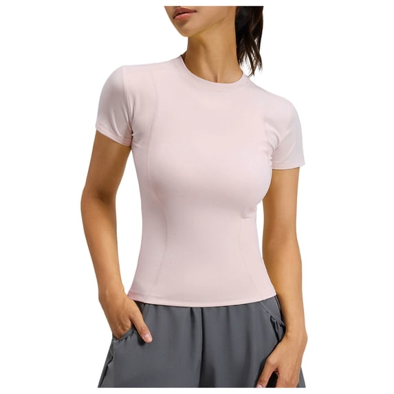 Gealkoca Women Workout Shirts Athletic Compression Tee Yoga Gym Basic Tops Summer Short Sleeve Sports Elastic Slim-fitting Round Neck T-shirt