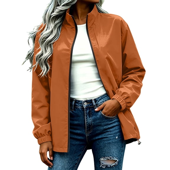 Gealkoca Women's Bomber Jacket Lightweight Casual Windbreaker with Pockets Stand Collar Zipper Casual Jackets for Women Solid Color Rain Jacket
