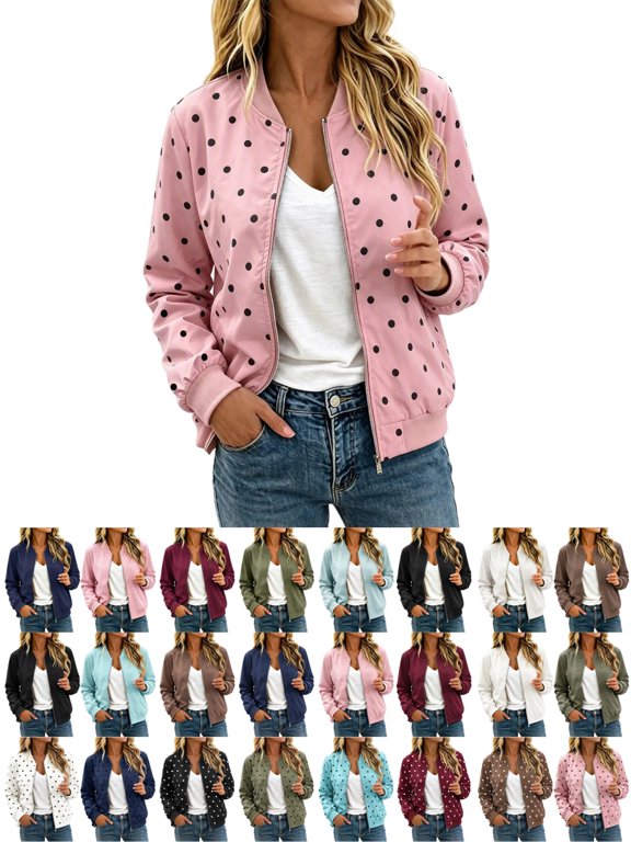 Women's Bomber Jacket Polka Dot Zip Up Loose Fit Lightweight Waterproof Windproof Casual Coat Fall Outfits for Women for Fall Spring Daily Wear