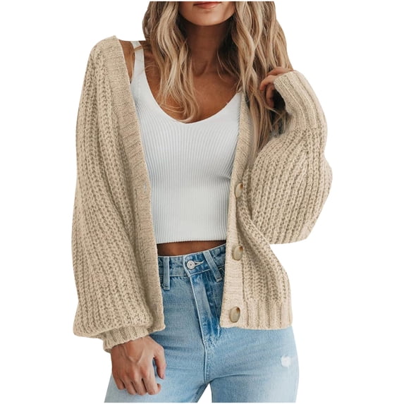 Gealkoca Women's Chunky Knit Open Front Sweater Long Sleeve Button Loose Outerwear Coats Womens Oversized Cardigan Sweaters Fall Winter Sweater
