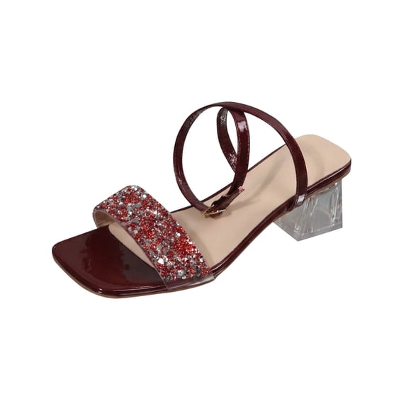 Gealkoca Women's Clear Heels Low Chunky Heel Open Toe Rhinestones Block Heeled Sandals Ankle Strap Shoes Summer Glitter Wedding Party Dress Shoes