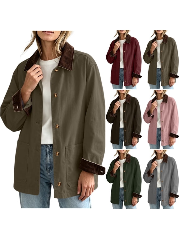 Women's Corduroy Collar Shacket Button Down Long Sleeve Shirt Jacket with Patch Pockets For Fall Winter