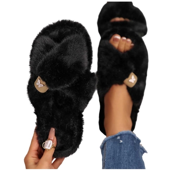 Gealkoca Women's Fuzzy Slippers Cross Band Slippers for Women House Shoes for Women Open Toe Casual Winter Warm Slippers for Indoor Outdoor