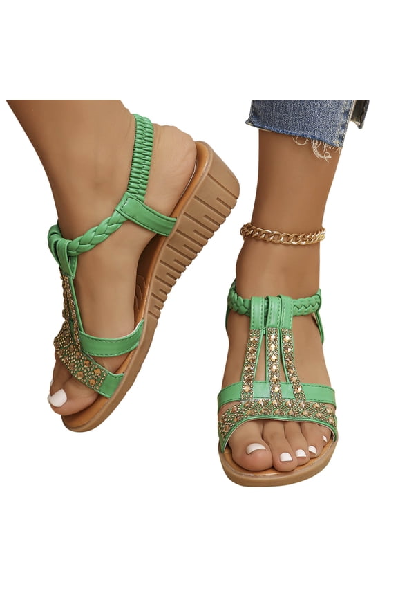 Women's Low Wedge Heel Sandals Open Toe T-Strap Rhinestone Sandals Trendy Sparkling Beautiful Sparkling Shoes for Summer