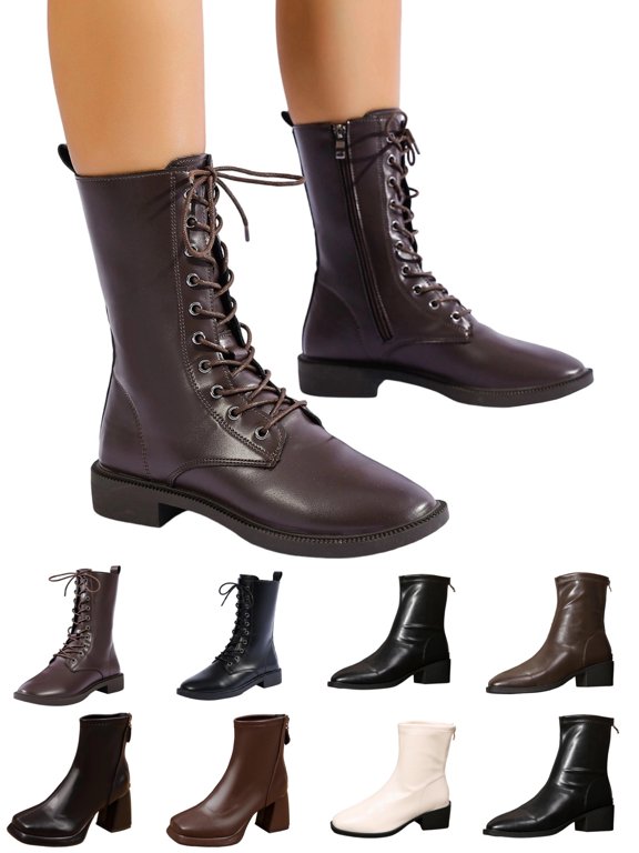 Women's Mid Calf Boots Leather Lace Up Shoes Chunky Low Heel Round Toe Side Zipper Boots Women's Fashion Casual Solid Color Boots