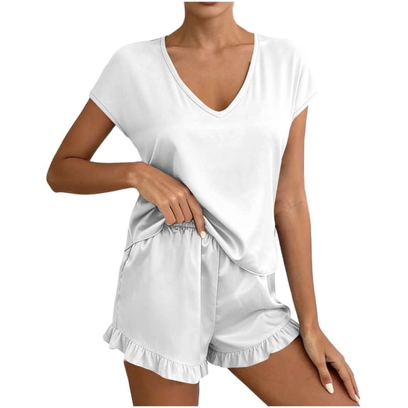 Gealkoca Women's Modal V Neck Pajama Set Comfortable Loungewear Solid Color Summer Sleepwear Two Piece Pajamas for Women Set Lightweight Homewear