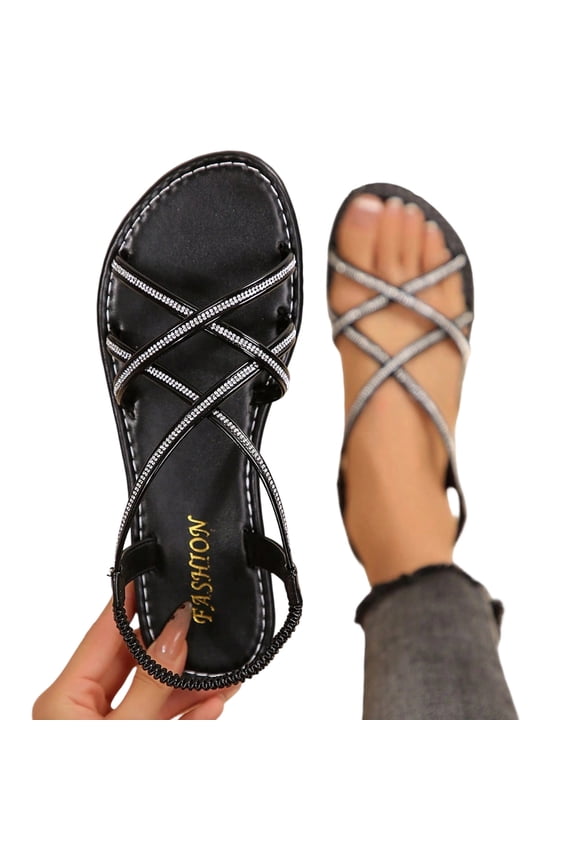 Women's Rhinestone Flat Sandals Dressy Strappy Sparkly Sandals Open Toe Ankle Strap Slides Shoes
