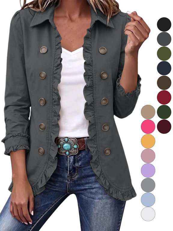 Women's Ruffle Trim Button Down Jacket Collared 3/4 Sleeve Lightweight Casual Coat Open Front Jackets with Lining for Fall Spring Daily Wear