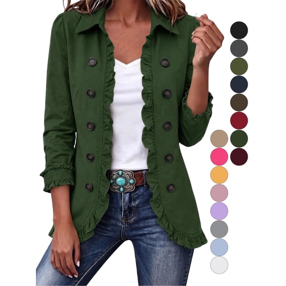 Gealkoca Women's Ruffle Trim Button Down Jacket Collared 3/4 Sleeve Lightweight Casual Coat Open Front Jackets with Lining for Fall Spring Daily Wear
