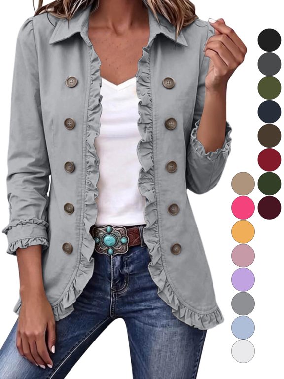 Women's Ruffle Trim Button Down Jacket Collared 3/4 Sleeve Lightweight Casual Coat Open Front Jackets with Lining for Fall Spring Daily Wear