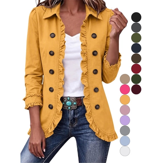 Gealkoca Women's Ruffle Trim Button Down Jacket Collared 3/4 Sleeve Lightweight Casual Coat Open Front Jackets with Lining for Fall Spring Daily Wear