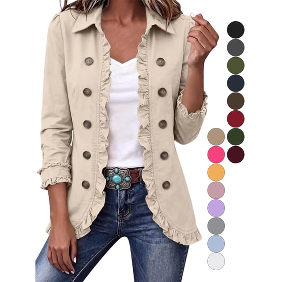 Gealkoca Women's Ruffle Trim Button Down Jacket Collared 3/4 Sleeve Lightweight Casual Coat Open Front Jackets with Lining for Fall Spring Daily Wear