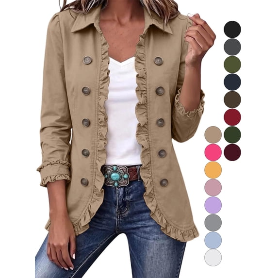 Gealkoca Women's Ruffle Trim Button Down Jacket Collared 3/4 Sleeve Lightweight Casual Coat Open Front Jackets with Lining for Fall Spring Daily Wear