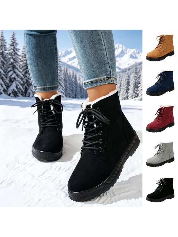 Women's Suede Lace Up Winter Snow Boots Warm Fur Lined Ankle Boots Comfortable Flat Shoes Non Slip Thick Sole Boots Outdoor