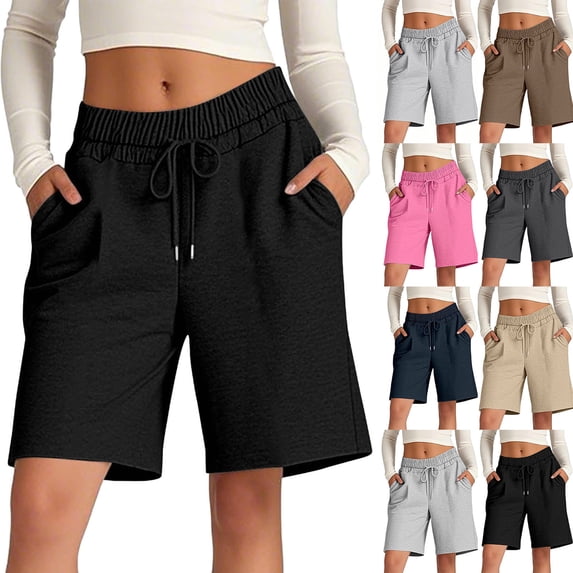 Gealkoca Women's Sweat Shorts with Pockets Drawstring Summer Workout Casual Lounge Shorts Elastic Waist Bermuda Active Shorts