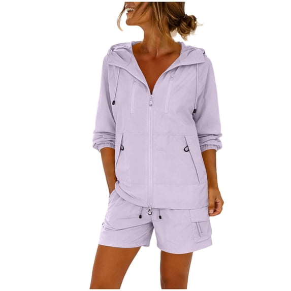 Gealkoca Women's UPF 50+ Sun Shirts UV Protection Long Sleeve Jacket with Hooded Summer Shorts Set Hiking Fishing Suit Womens Loose Outdoor Sports Set
