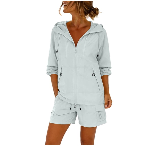 Gealkoca Women's UPF 50+ Sun Shirts UV Protection Long Sleeve Jacket with Hooded Summer Shorts Set Hiking Fishing Suit Womens Loose Outdoor Sports Set