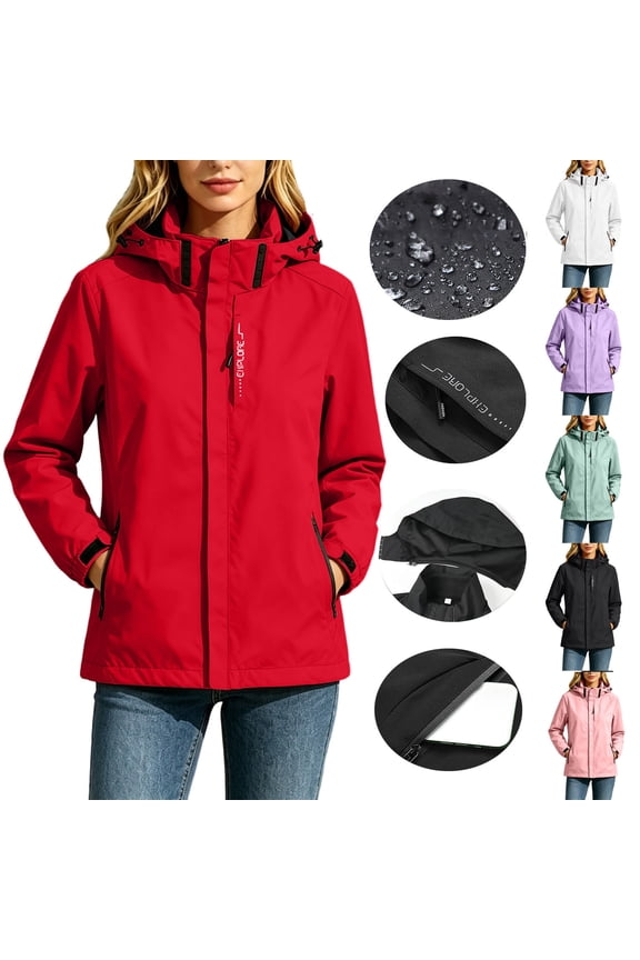 Women's Waterproof Jacket with Detachable Hood – Lightweight Rain Windbreaker with Zipper Pockets, Standard Fit Outdoor Coat for Hiking & Daily Travel