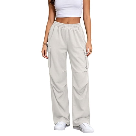 Gealkoca Womens Cargo Sweatpants Ruched High Waisted Sweat Pants Athletic Solid Color Casual Wide Leg Joggers Loose Fall Pants with Pockets