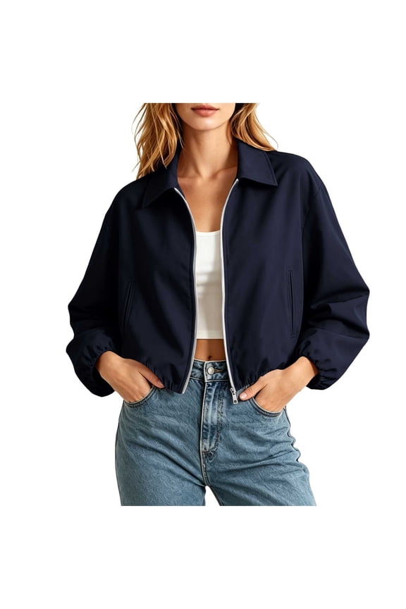 Womens Cropped Bomber Jacket Trendy Zip Up Lightweight Coat with Pockets Long Sleeve Casual Bomber Jacket Women's Lapel Baseball Jacket