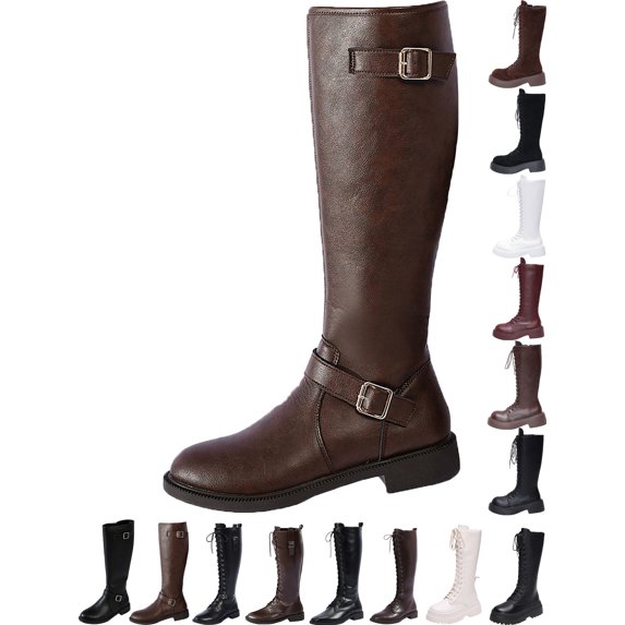 Gealkoca Womens Knee High Boots Women's Round Toe Low Heel Side Zipper Boots Casual Leather Comfortable Casual Solid Color Knee High Boots