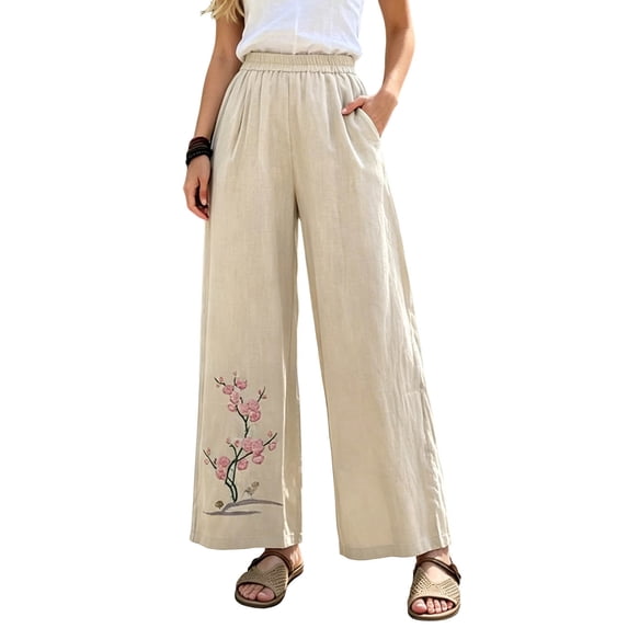 Gealkoca Womens Linen Pants Wide Leg Women's Embroidery Pants Pocket Elastic Waist Pants, Beige_5XL