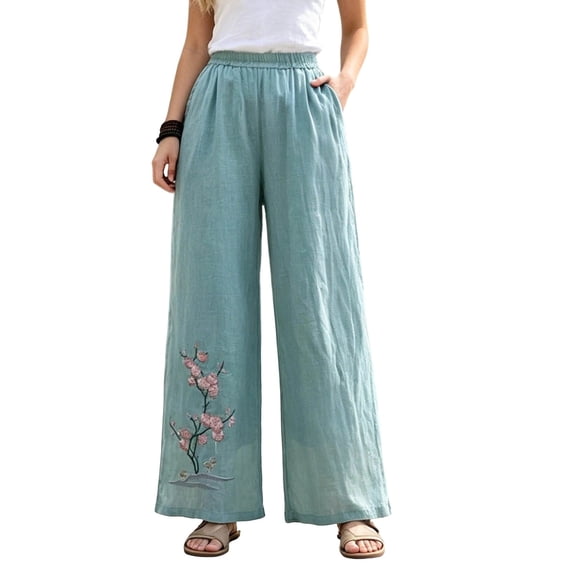Gealkoca Womens Linen Pants Wide Leg Women's Embroidery Pants Pocket Elastic Waist Pants, Light Blue_4XL