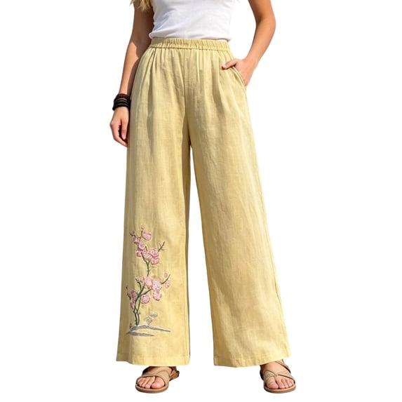 Gealkoca Womens Linen Pants Wide Leg Women's Embroidery Pants Pocket Elastic Waist Pants, Yellow_4XL