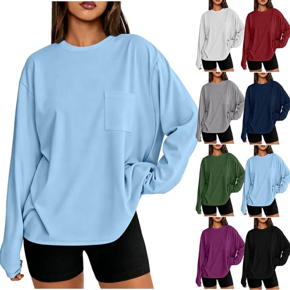 Gealkoca Womens Long Sleeve Oversized T Shirts Basic Tees Crewneck Workout Tops Comfortable Solid Color Top Women's Casual Workout Gym Athletic Top