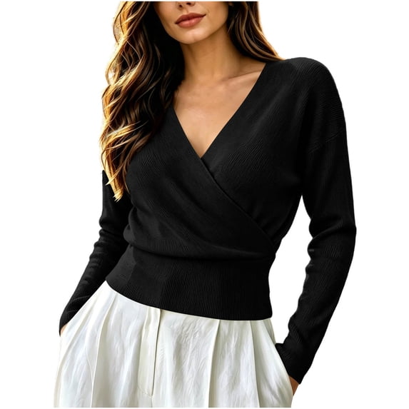 Gealkoca Womens Long Sleeve V Neck Cropped Wrap Sweaters Comfortable Business Casual Work Sweater Solid Color Waist Cinched Top