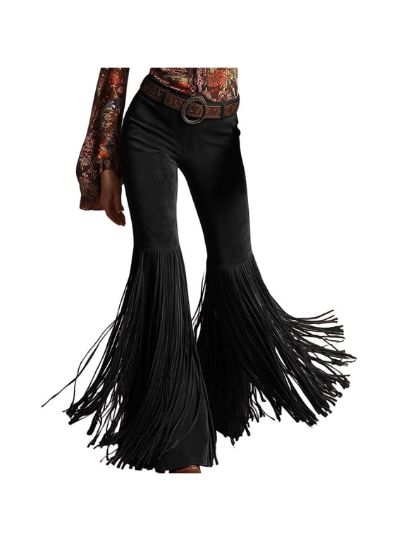 Womens Pants Women All-season Solid Color Retros West Tassel Suedes Pants, Black_2XL