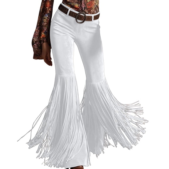 Gealkoca Womens Pants Women All-season Solid Color Retros West Tassel Suedes Pants, White_M