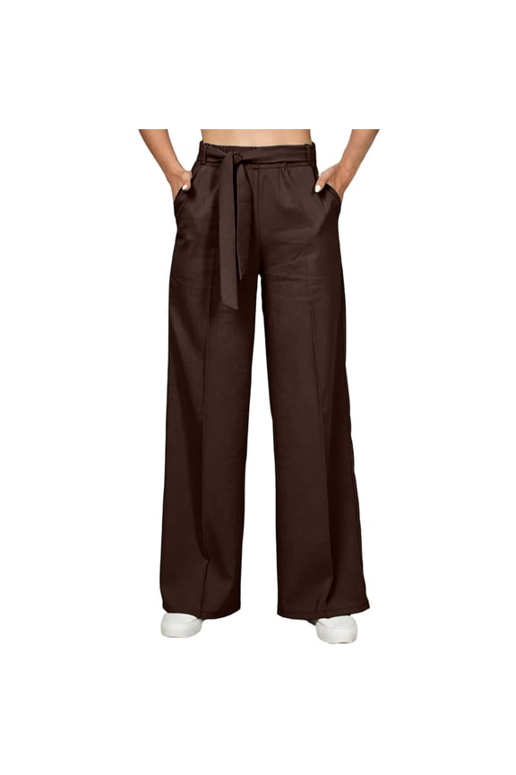 Womens Pants Women Solid Color Elastic Waist Insert Diagonally Pocket Belt Pants, Coffee_XL