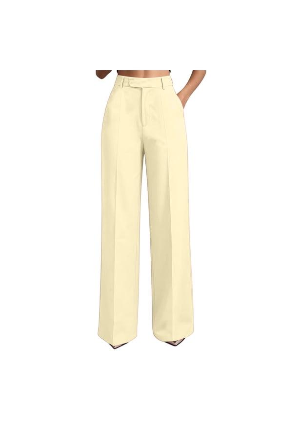 Womens Pants Women's Solid High Waist Hanging Straight Tube Temperament Wide Leg Suit Pants With Pockets, 01-Beige_M
