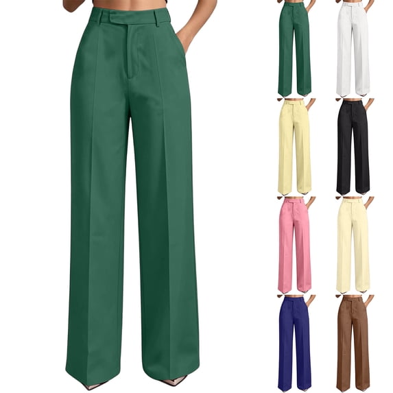 Gealkoca Womens Pants Women's Solid High Waist Hanging Straight Tube Temperament Wide Leg Suit Pants With Pockets, 01-Green_S