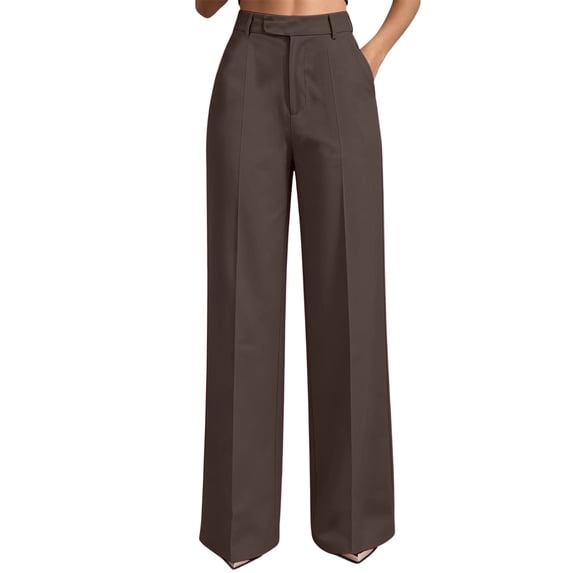 Gealkoca Womens Pants Women's Solid High Waist Hanging Straight Tube Temperament Wide Leg Suit Pants With Pockets, 02-Coffee_3XL