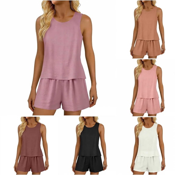 Gealkoca Womens Solid Color Sleeveless Tank Top and Shorts Set Casual Round Neck Outfit Summer Two Piece Set Lightweight Matching Sets Women Clothing