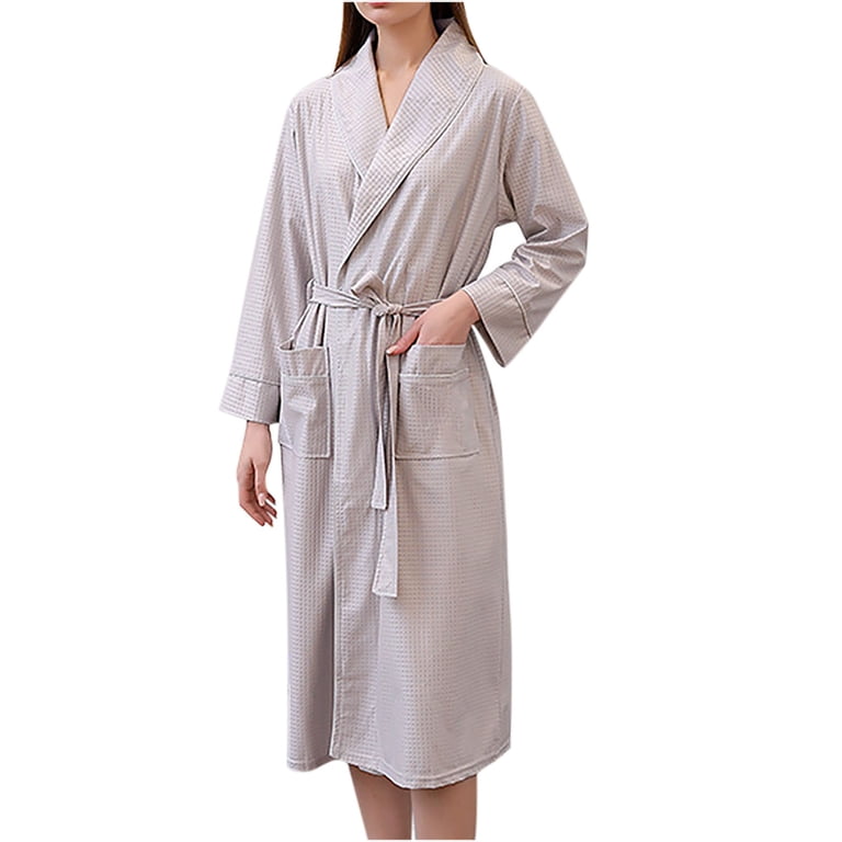 Gealkoca Womens Waffle Robe Long Sleeve Bathrobe with Belted and Pockets Lightweight Housecoat Women's Nightgown Long Pajama Bathrobe, Size: XL, Gray