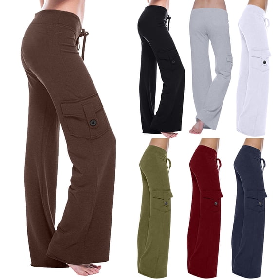 Gealkoca Womens Yoga Pants with Pockets High Waisted Workout Out Leggings Stretch Gym Loose Pants Solid Color Drawstring and Straight Leg Pants