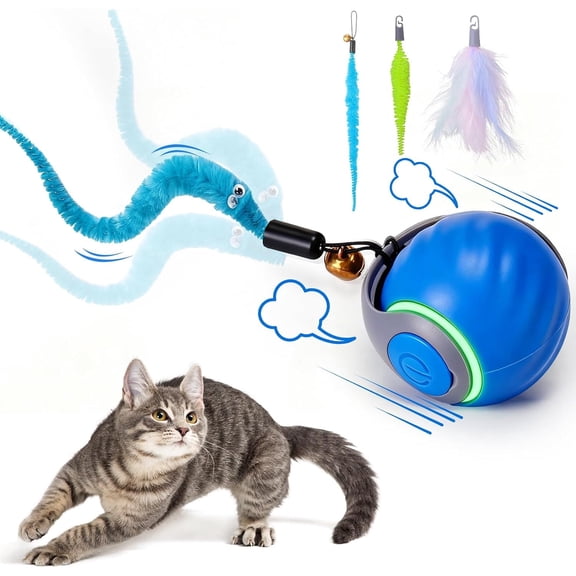 Geamen Interactive Cat Toys with Bird Sounds & 3 Speed Modes, Rechargeable Automatic Moving Cat Toy with 3 Tails, Fast Charging Smart Rolling Ball for Indoor Cats to Chase Play on Hard Floor Carpet
