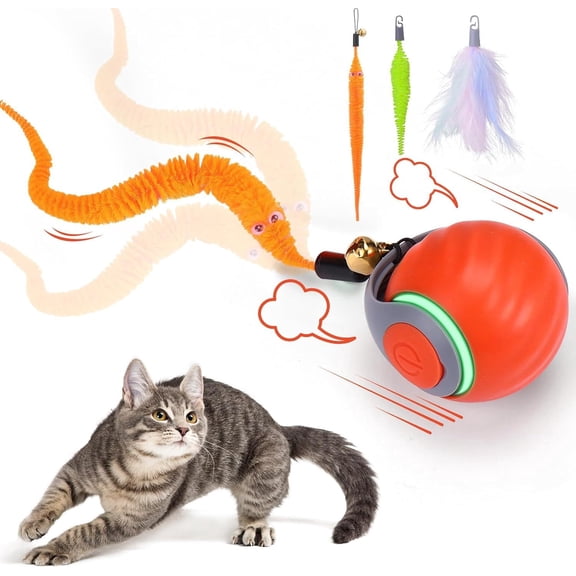 Geamen Interactive Cat Toys with Bird Sounds & 3 Speed Modes, Rechargeable Automatic Moving Cat Toy with 3 Tails, Fast Charging Smart Rolling Ball for Indoor Cats to Chase Play on Hard Floor Carpet