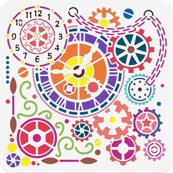 Gear Clock Painting Stencil 11.81x11.81 Inch Reusable DIY Art and Craft Stencils Hollow Out Drawing Painting Template for Painting on Wood Fabric Paper Walls Canvas Furniture for DIY