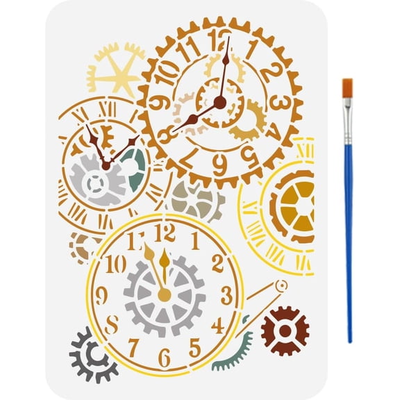 Gear Clock Stencils with a Paint Brush 11.7x8.3Inch Steampunk Gear Pattern Stencils Creative Clock Stencils Retro Gear Decoration Stencils Vintage Themes Steampunk Clock Template Colorful