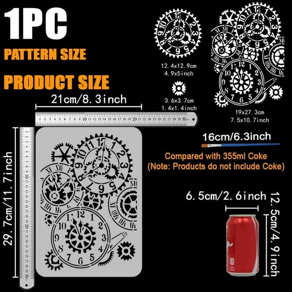 Gear Clock Stencils with a Paint Brush 11.7x8.3Inch Steampunk Gear Pattern Stencils Creative Clock Stencils Retro Gear Decoration Stencils Vintage Themes Steampunk Clock Template